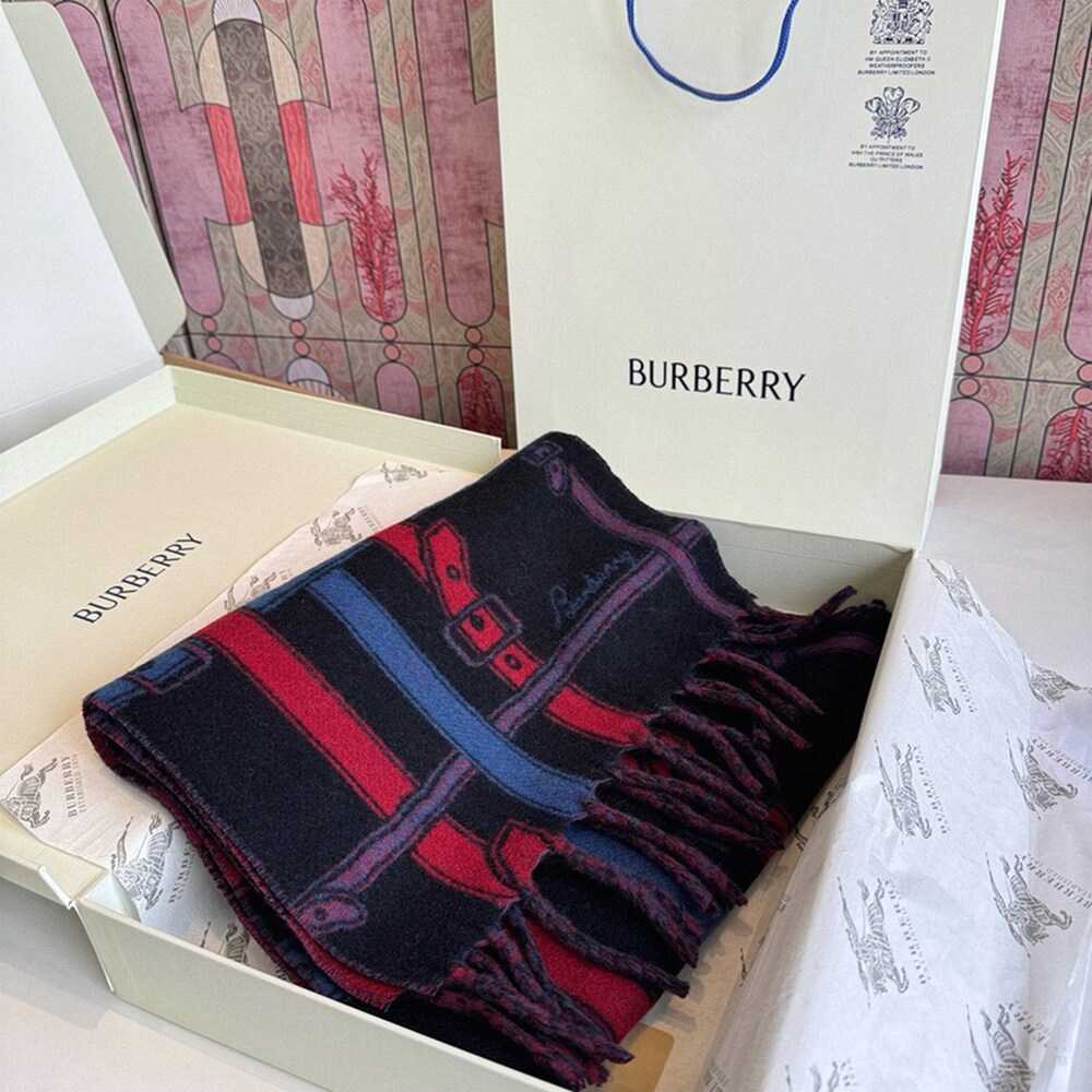Burberry Navy Red‑Blue Motif Cashmere